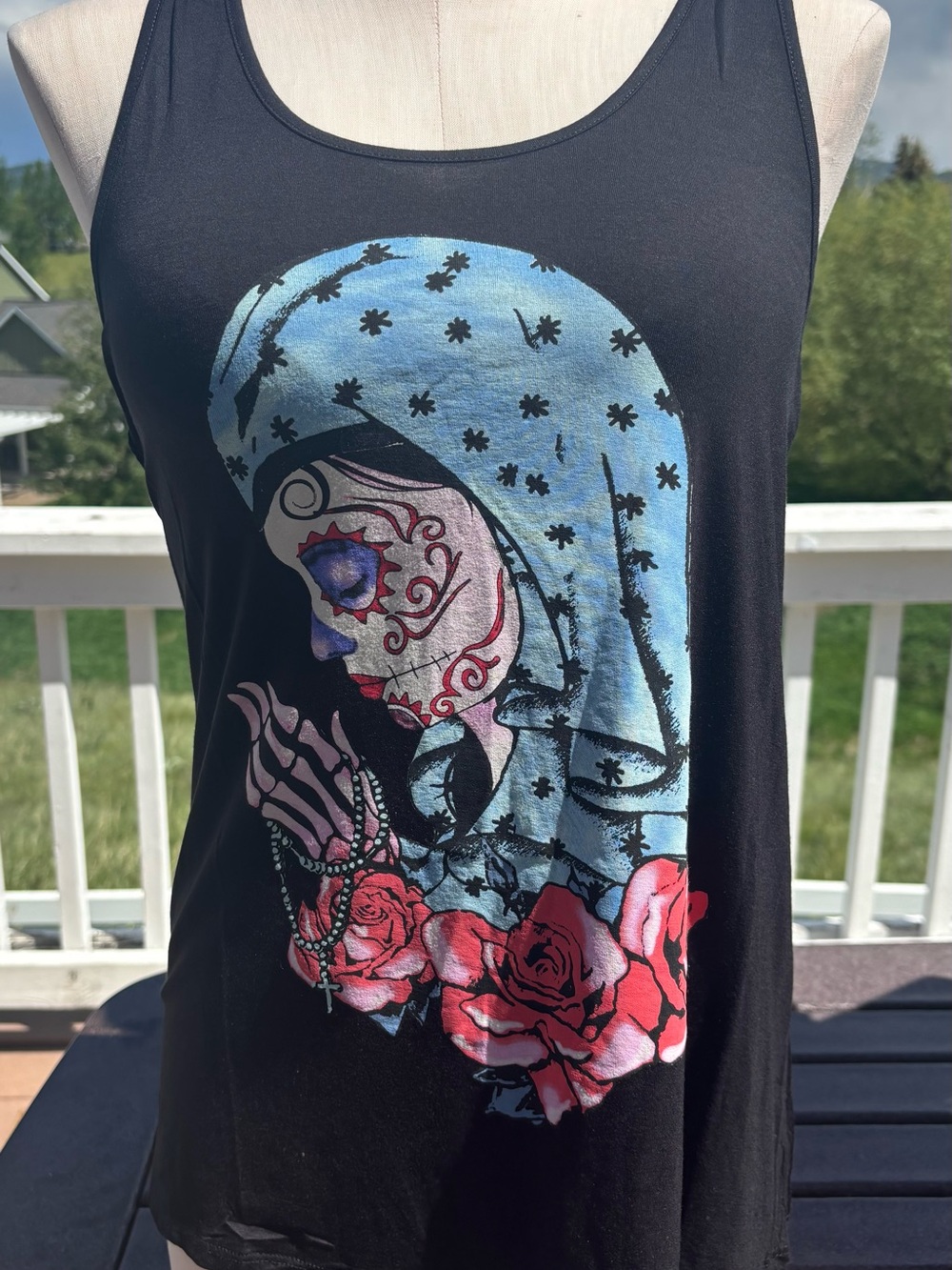 Black Graphic Tank with Day of the Dead Madonna and Roses